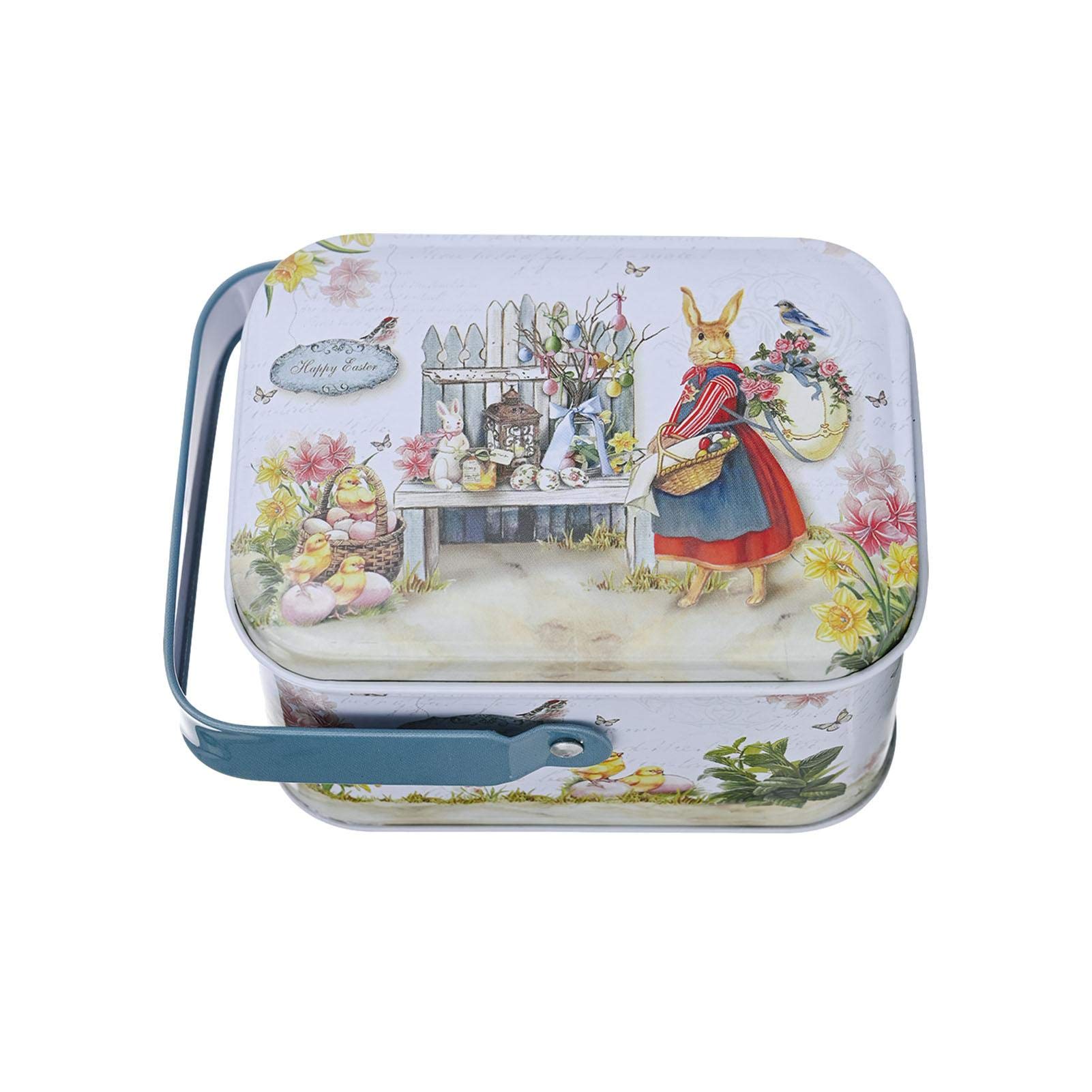 Kapoki Easter Rabbit Tin Box, Easter Biscuit Egg Storage Box - Empty Tinplate Container For Sweet Personalised For Children - Rabbit Rectangular Decorative Large Tin Gift Box With Handle, 10.5×8×6cm