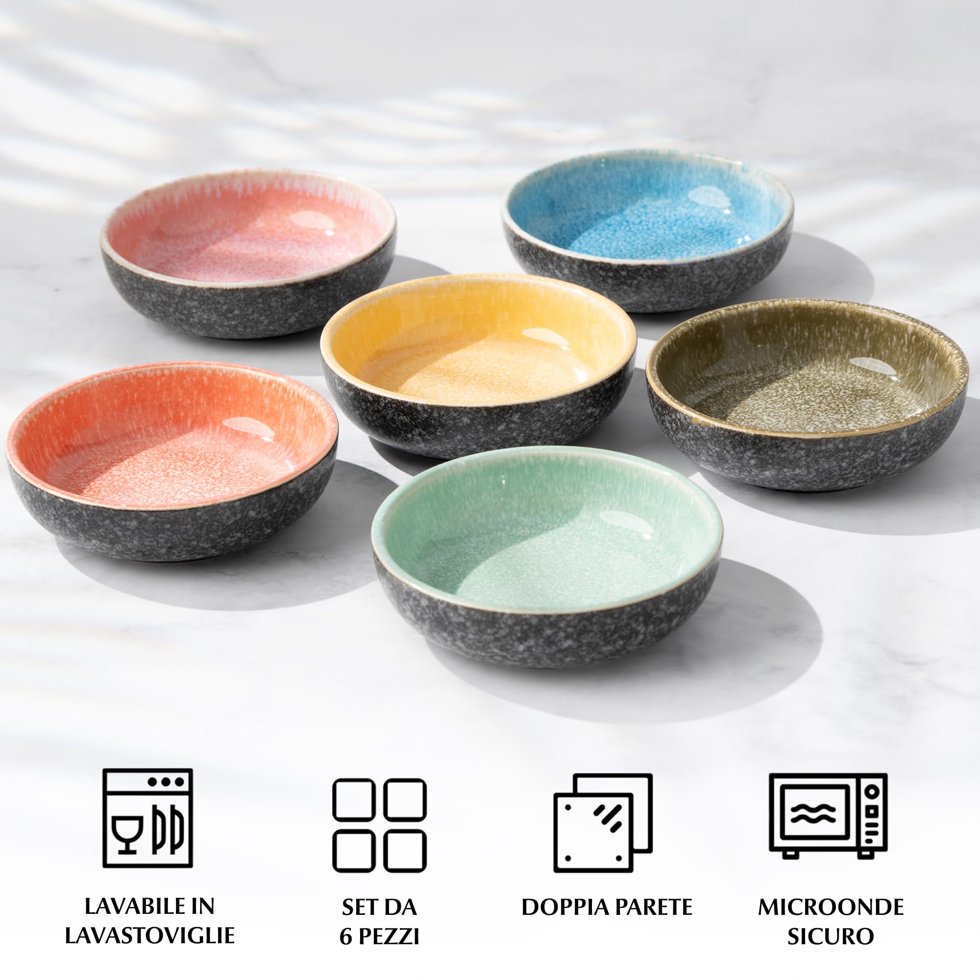 MIAMIO - Set di 6 Mini Ciotole per Dip (90 ml) / Ciotole da Contorno, per Salsa di Soia, Ciotola per Dip, Piccole Ciotole per Snack - Collezione Las Palmitas