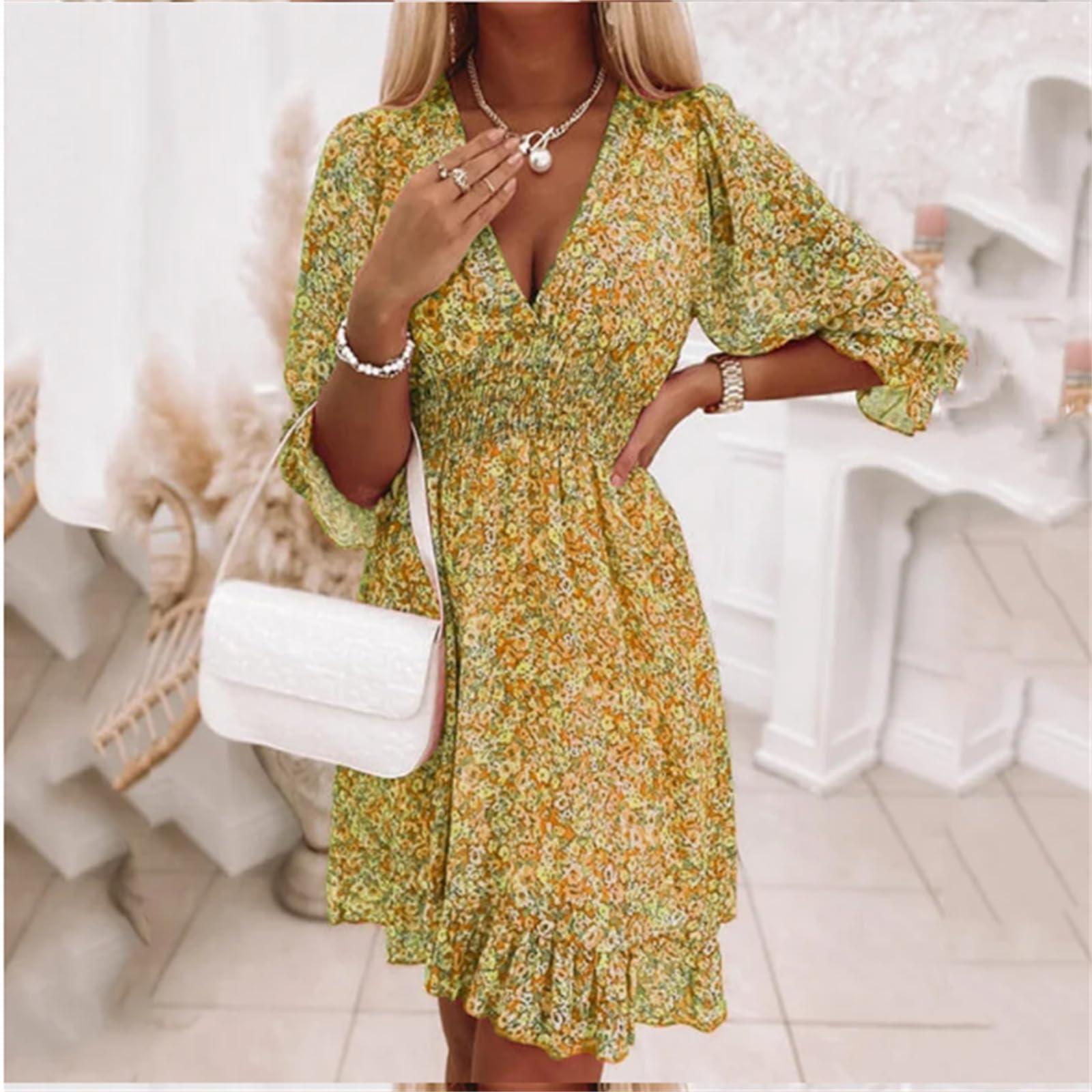 Aumentar el Tamaño de Los Chalecos de Cuello V de Manga de Burbuja de Verano Estampados Vestidos de Manga Corta con Flores Delgadas en Forma de a, HUTALIM, Verde, 3XL