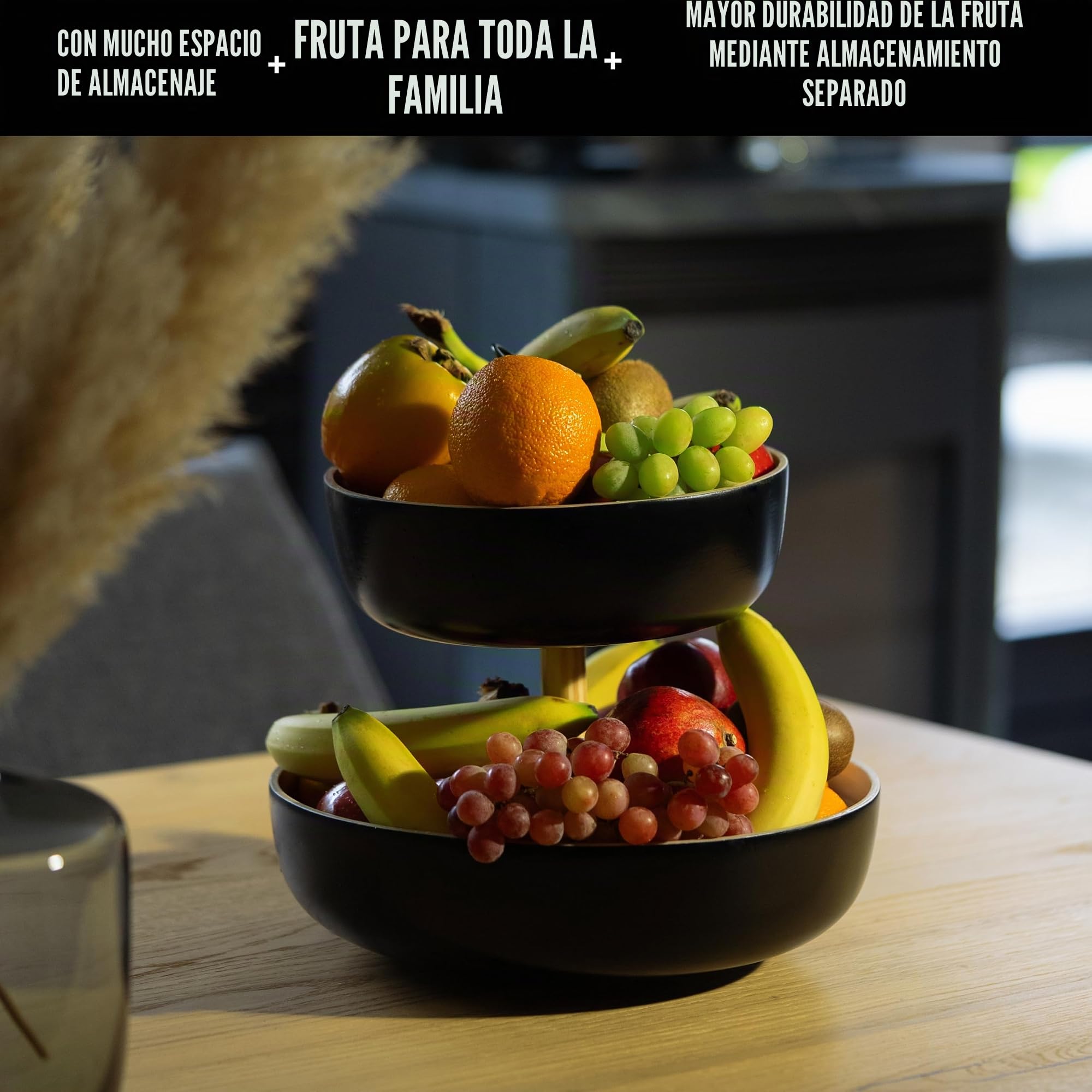 Tiali Frutero de bambú de 2 pisos – Madera para mucho espacio de almacenamiento – Cesta de fruta blanca de bambú natural para frutas frescas – Fruit Basket – Frutero moderno para toda la familia