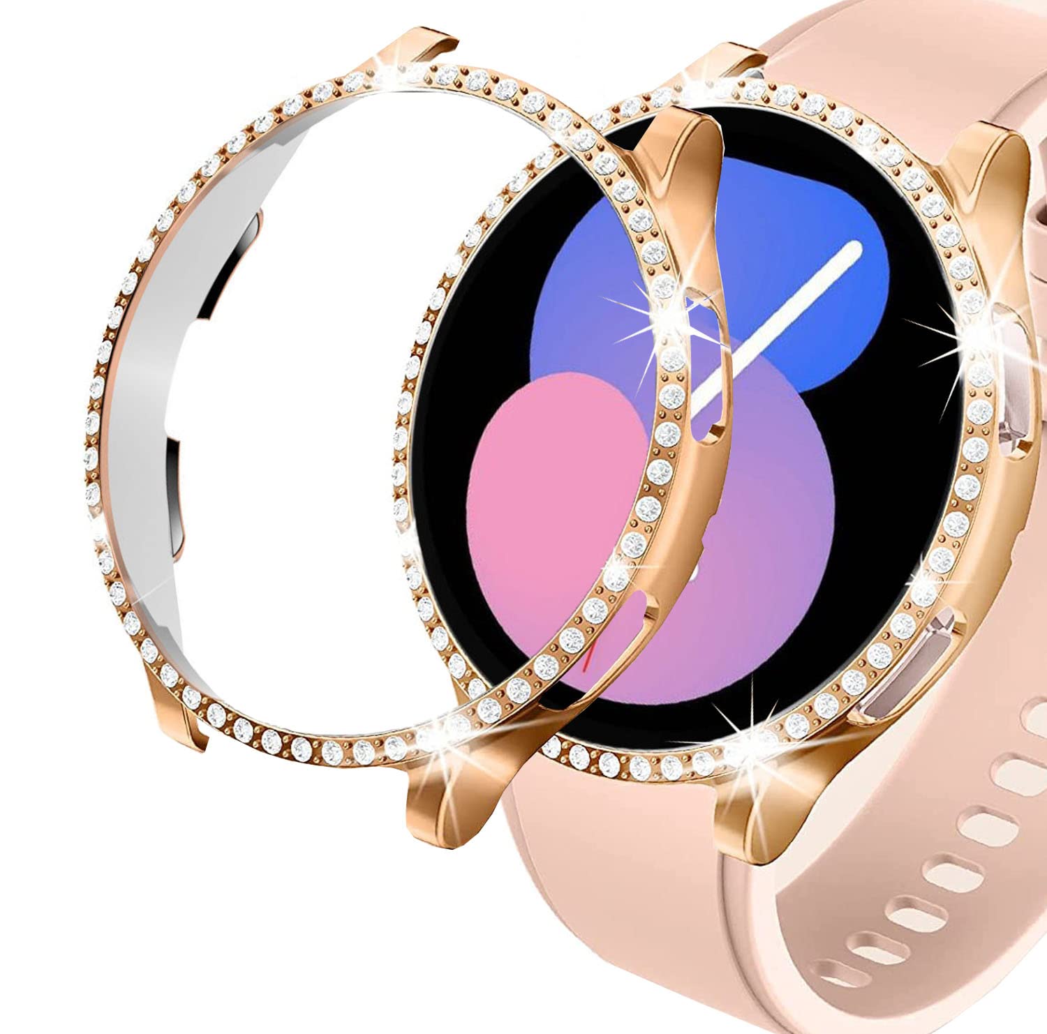 DEALELE [2-PACK] Case Compatible with Samsung Galaxy Watch 5/4 44mm, Bling Single-Row Diamond PC Protective Case Replacement Watch Cover Bumper (44mm, Gold+Transparent) — view 151
