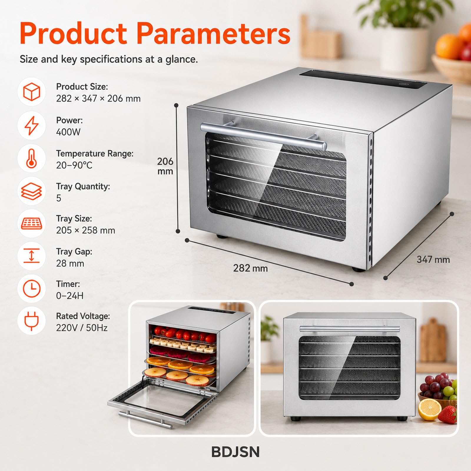 Deshidratador De Alimentos, Secador De Acero Inoxidable Con 5 Bandejas, Control Táctil Digital, Temperatura Ajustable De 20–90 °c, Temporizador De 24 H Y Puerta De Vidrio Para Carne Seca, Hierbas