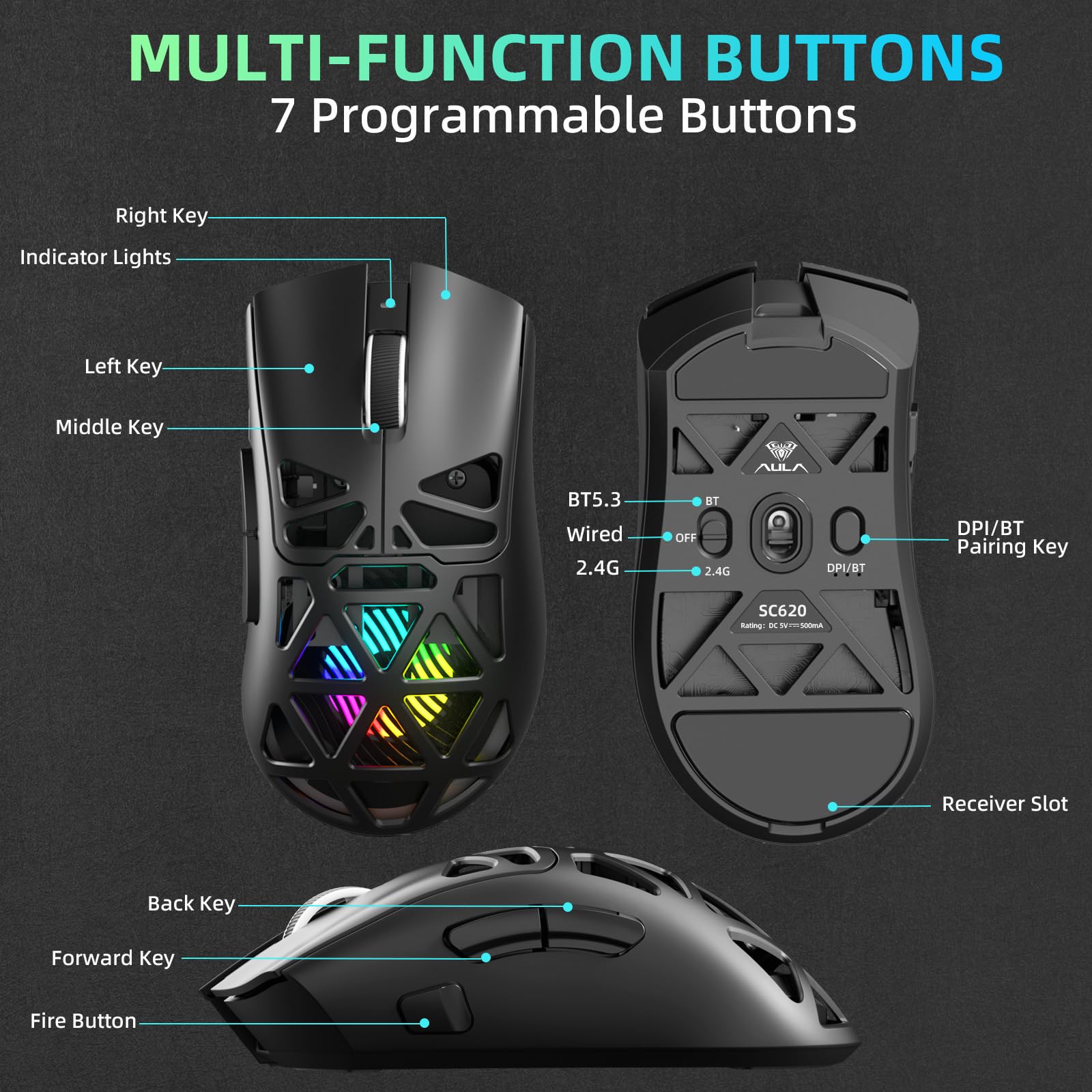 AULA SC620 Kabellose Gaming Maus, PixArt PAW3311-Sensor, 12000DPI, 8KHz, 67g, RGB, Schwarz