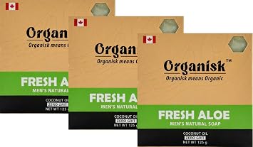 OrganiskTM Fresh Aloe Mens Bar Soap 3 Pack Natural Aloe Soap for Men Handmade in Canada, Plant-Based Body Soap, Gentle Hydrating Cleanser with Fresh, Clean Scent