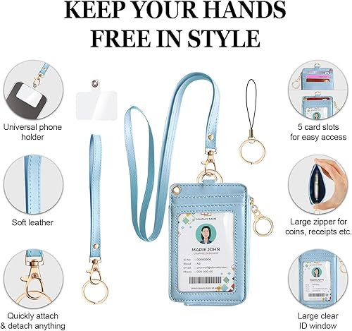 Miniatura 9 de bolimoss Soporte para tarjeta de identificación con cordón para el cuello, cartera de piel sintética, cordón rosa con soporte para identificación,