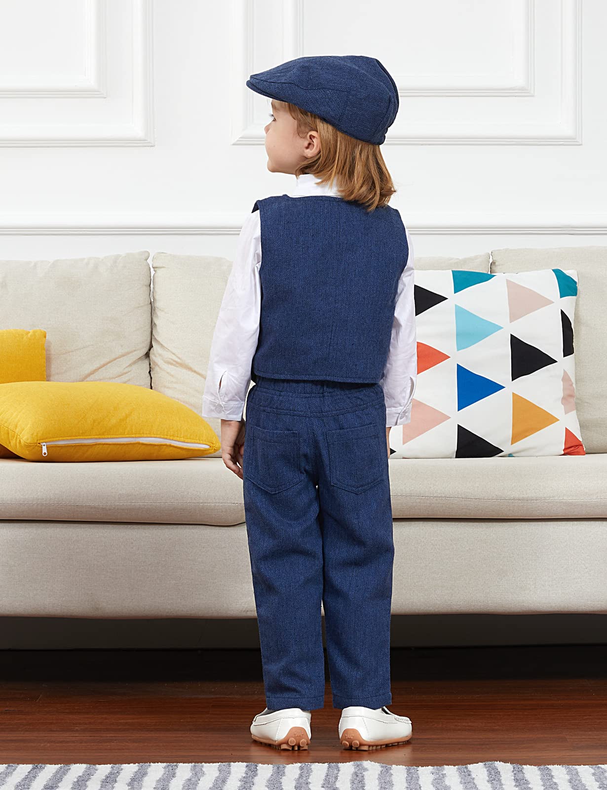mintgreen Ensemble Bébé Garçon en Tweed à Chevrons, Smoking de Mariage 4pcs Chemise + Pantalon + Gilet + Casquette 1-4 Ans