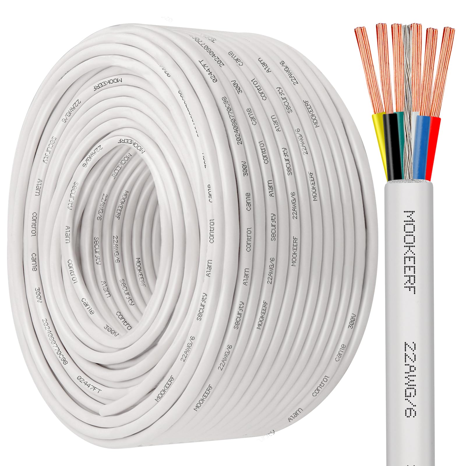 MOOKEERF 22/6 22AWG Shielded Wire 6 Conductor 200FT Shielded Plenum Cable White CL3P Jacket Alarm Control Cable Stranded Pure Copper for Low Voltage