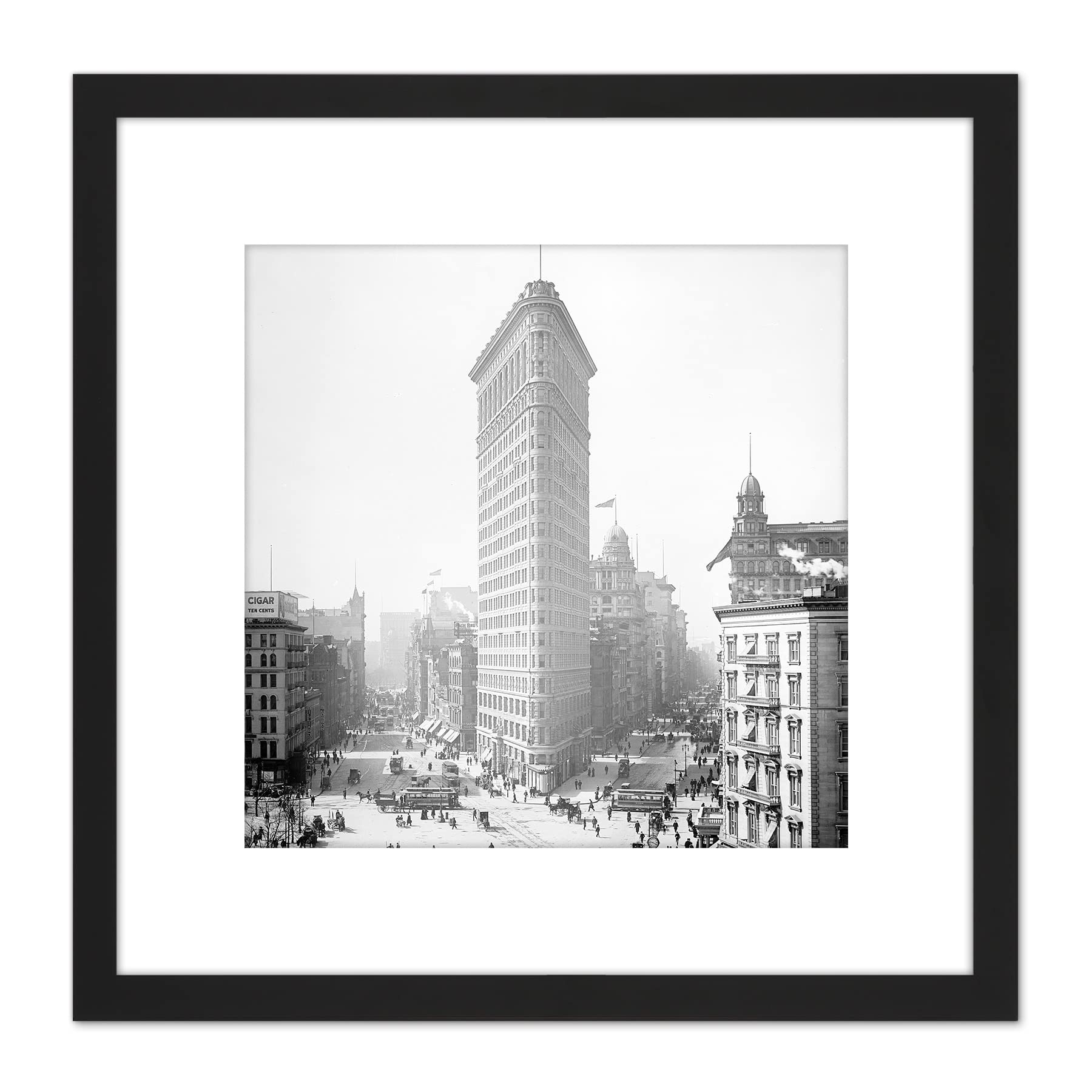 New York Flat Iron Building Vintage Photo - 8x8 Inch Square Wooden Framed Wall Art Print Picture with Mount