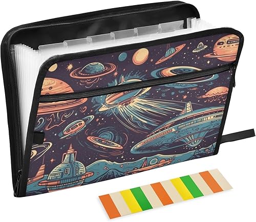 Pink Green Star Spaceship American Expanding File Folder 13 Pockets A4 Paper Document Organizer Folder with Zipper for Office Teacher Student
