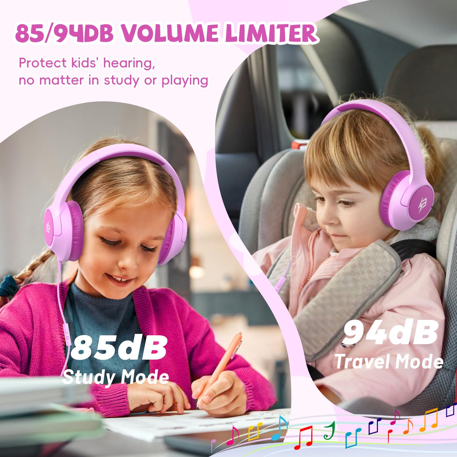 Słuchawki dla dzieci do szkoły, limit głośności 85/94 dB, przewodowe słuchawki nauszne dla dzieci, chłopców, dziewcząt, z mikrofonem, składany dźwięk stereo, przewód USB C, do tabletu Kindle, samolotu