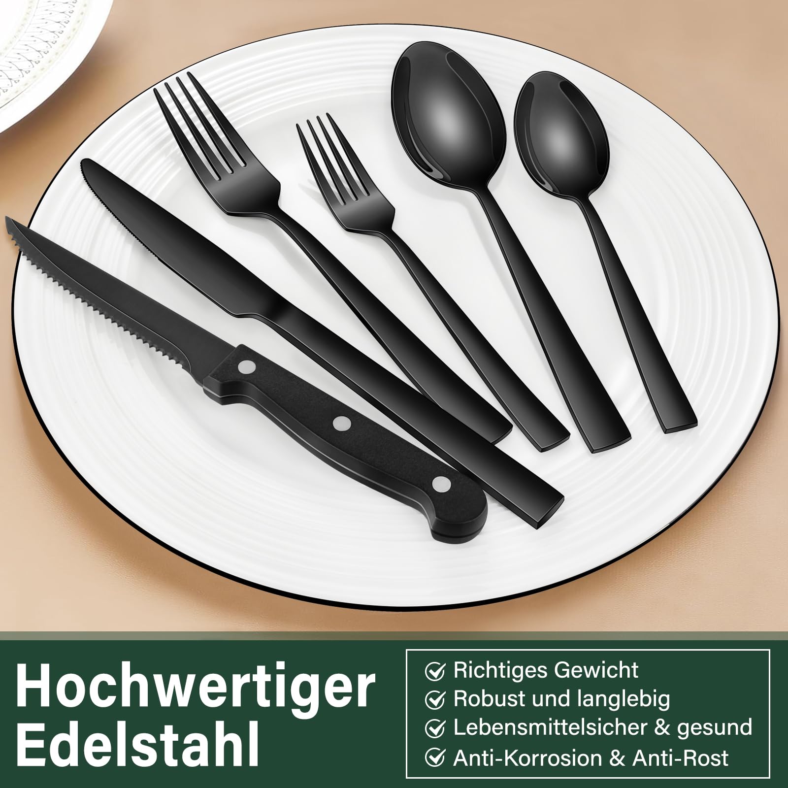 Terlulu 36 teiliges Edelstahl Besteckset mit Steakmesser Schwarz, Besteck Set 6 Personen, Elegantes Essbesteck Set mit Messer Gabel Löffel, Tafelbesteck für Haus/Party/Restaurant, Spülmaschinenfest