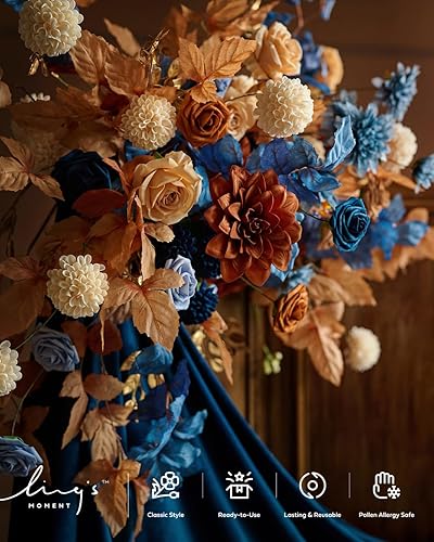 Miniatura 4 de Ling's Moment Juego de cajas combinadas de flores artificiales de color naranja quemado y azul marino, flores falsas de terracota para ramo de novia