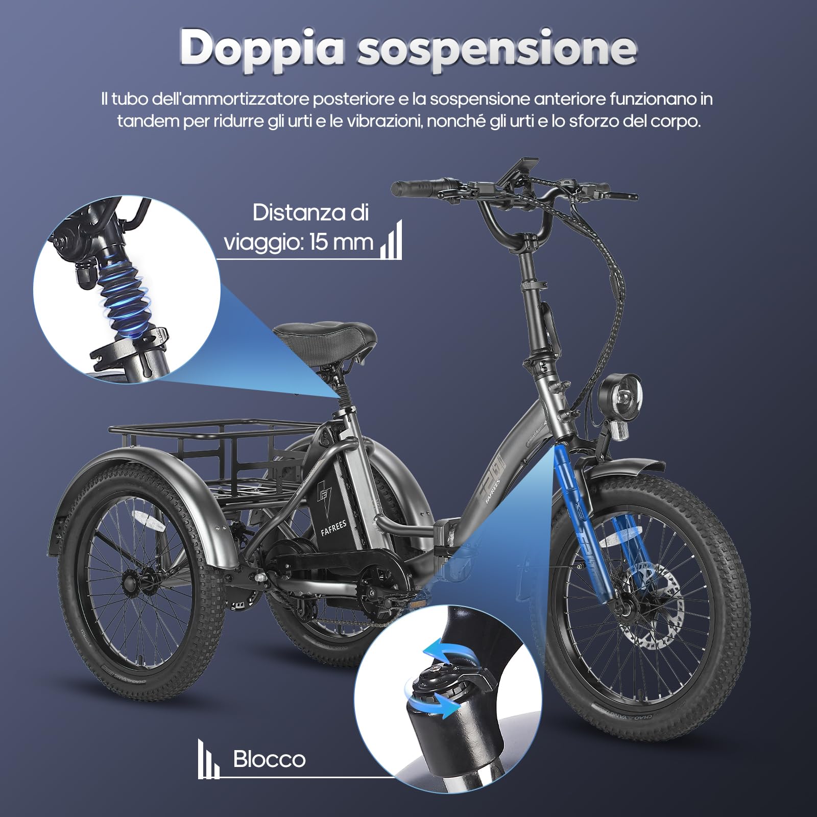 Fafrees F20 MATE Triciclo Elettrico Adulti Pieghevole, Motore 65N.m con Differenziale, E-Bike 3 Ruote con Doppia Sospensione, Batteria 48V 18.2Ah Rimovibile