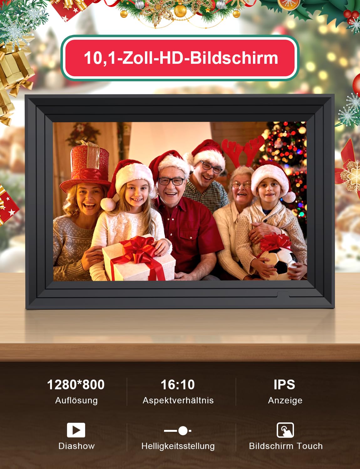 Cadre Photo Numérique WiFi Connecté 10,1 Pouces Electronics Digital Frame Album Grand Format 32 Go Frameo 1280x800 HD Cadres Video/Photos IPS Écran Tactile Rotation Automatique Espace ShabanJesy