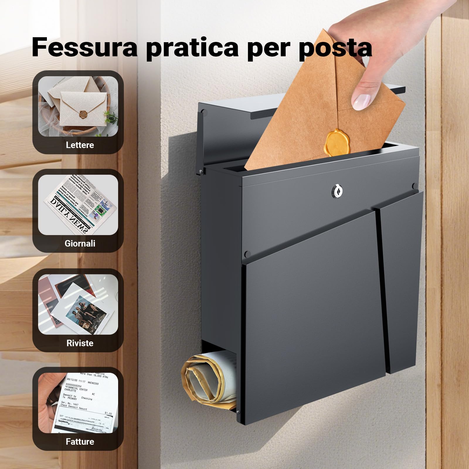 Wiltec Cassetta postale con vano portagiornale V23 antracite 370 x 102 x 370 mm