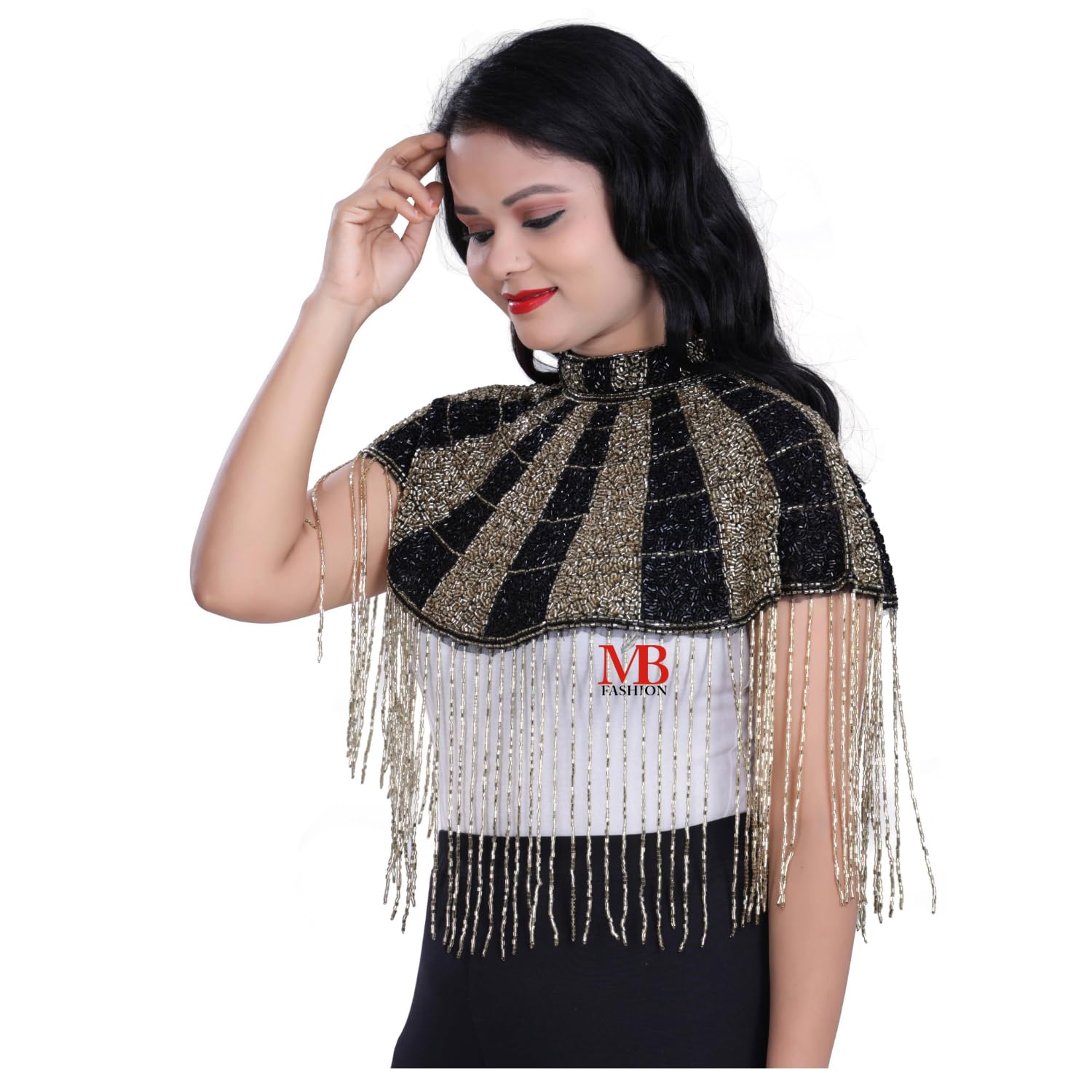 Women's Ponchu Net Cape, Round Poncho with Beaded Embroidery, Sleeveless-image-36