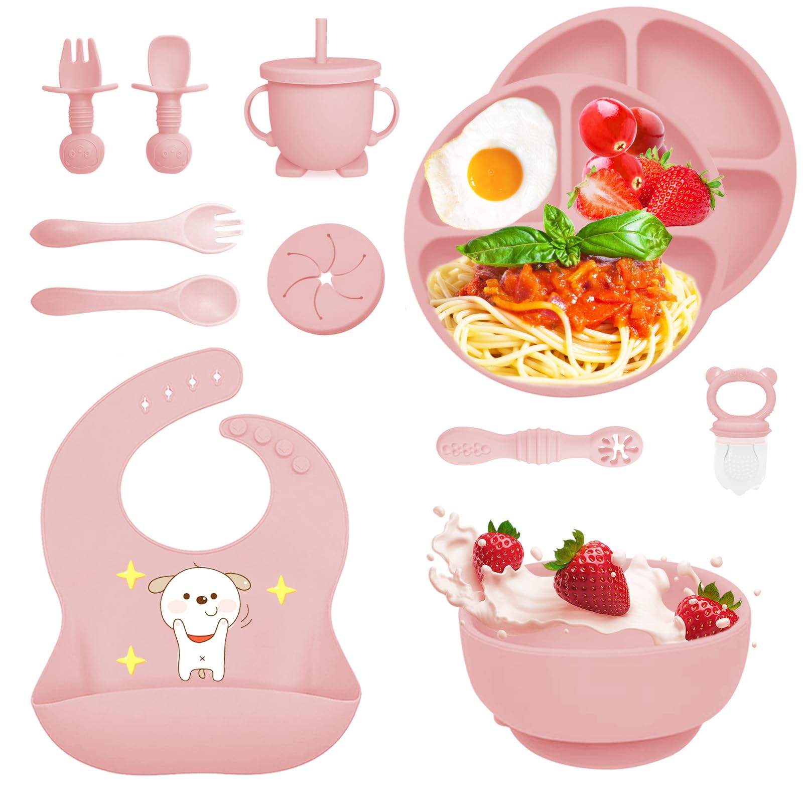 Set Pappa per Bambino, 12 Pezzi, Set Pappa Svezzamento per Bambini in Silicone, Senza BPA, Set di Posate per Bambini Antiscivolo con Ventosa Piatto Ciotola Tazza Bavaglino (Rosa chiaro)