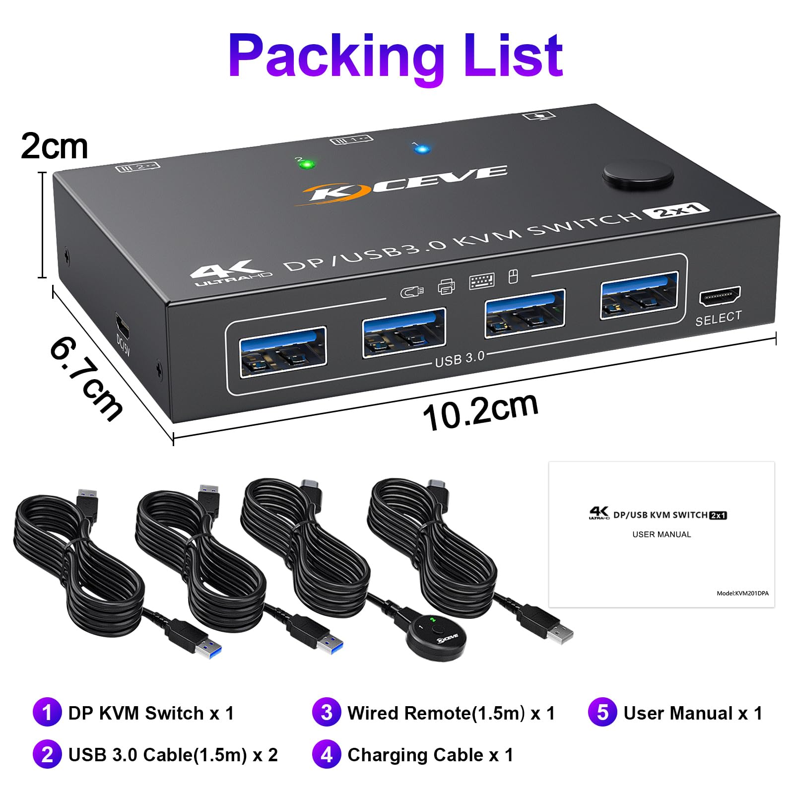 Switch YOUTINGHDAV KVM 2 PC 1 Monitor USB DisplayPort 4K@144Hz, USB 3.0 Tastiera Mouse con Wired Remote