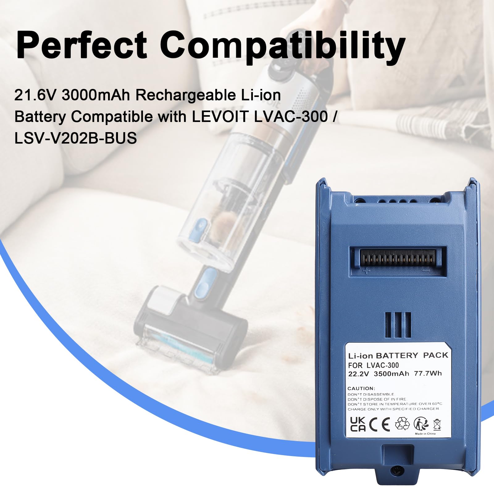 Batteria di ricambio MXJFYY per aspirapolvere senza fili Levoit LVAC-300, batteria agli ioni di litio da 3000 mAh 21,6 V per Levoit LVAC 300, autonomia fino a 60 minuti, facile installazione.