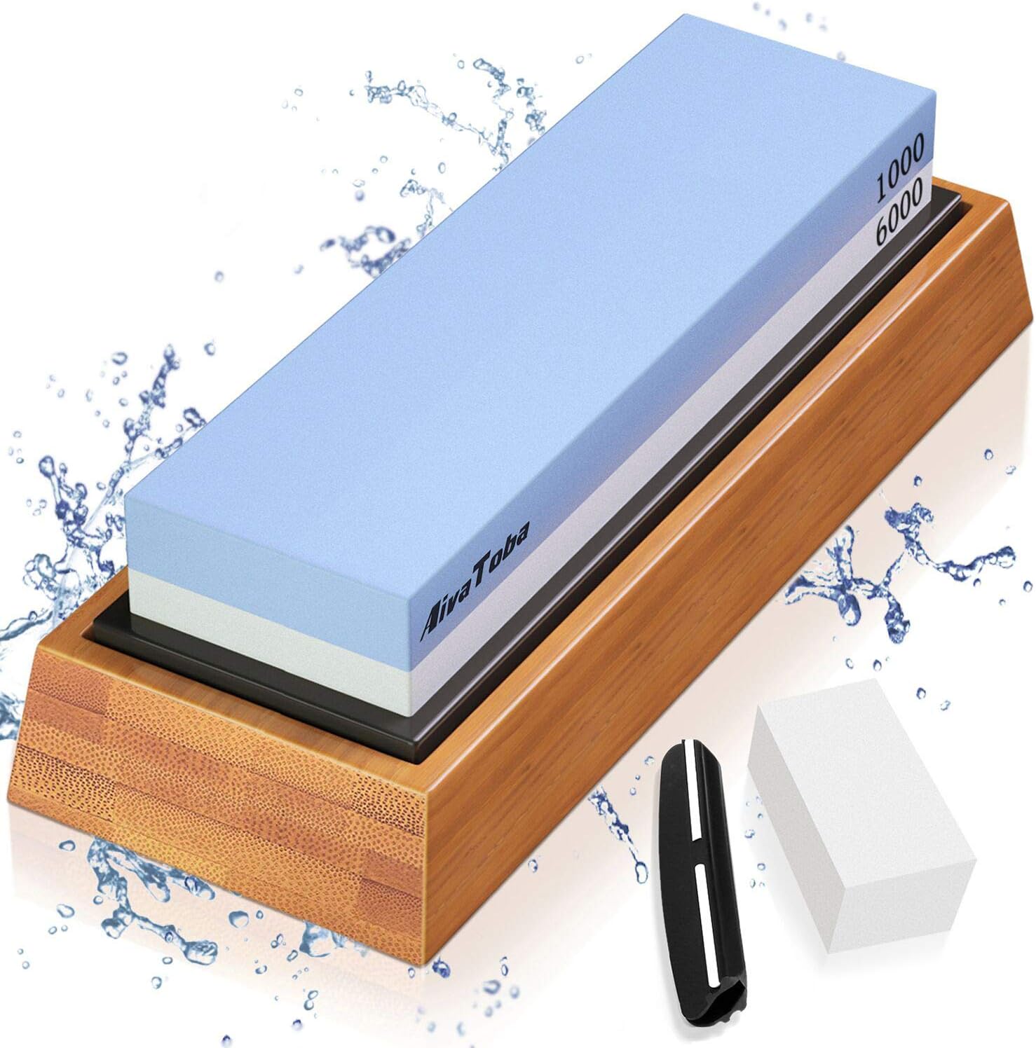 AivaToba Whetstone Knife Sharpening Stone Dual Side Grit 1000/6000 Whetstone with Angle Guide, Flattening Stone Water Stone for Kitchen (1000/6000)