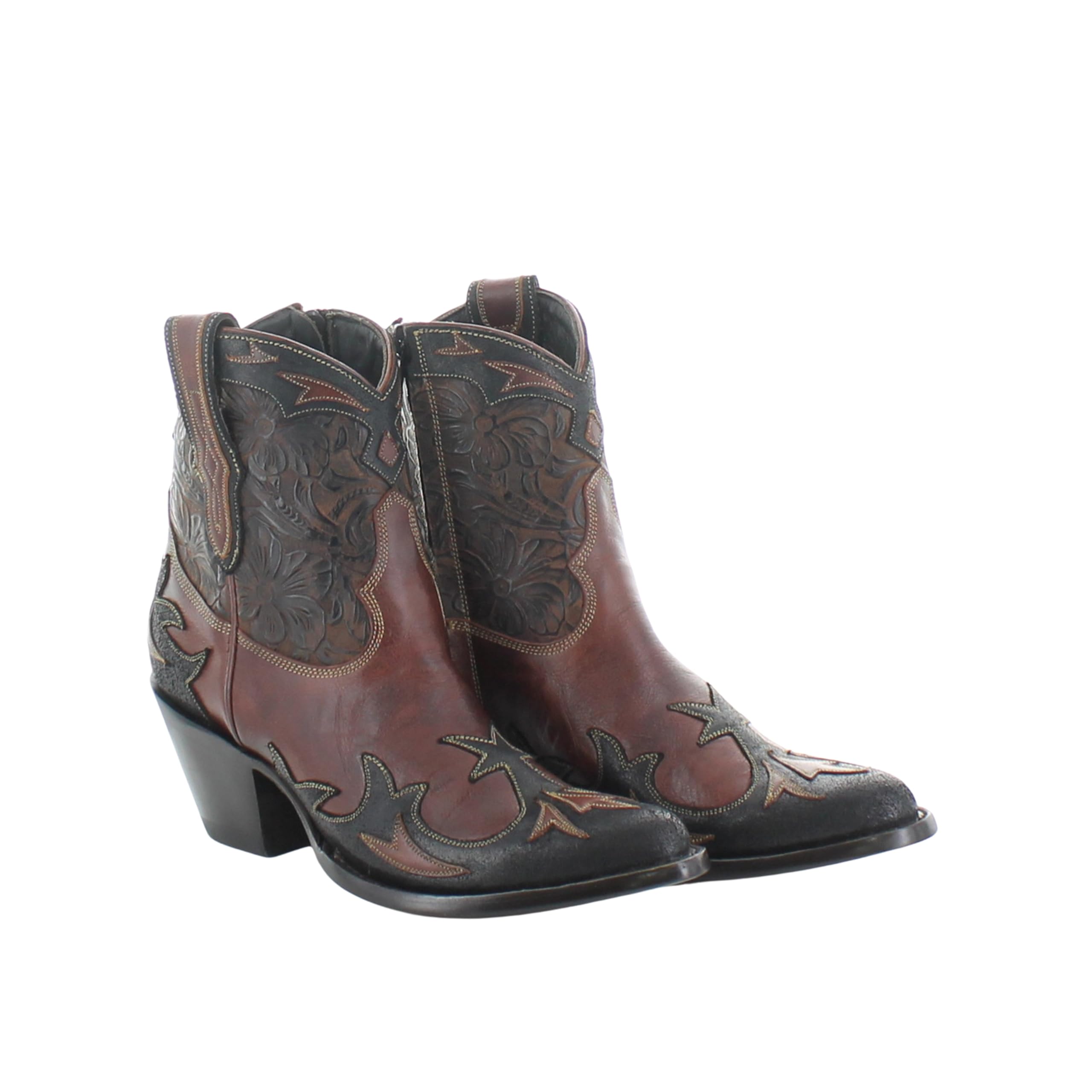 Old Gringo Giant Bootie Cognac and Black Leather Western Cowgirl Ankle Boots with Floral Embroidery Side Zipper