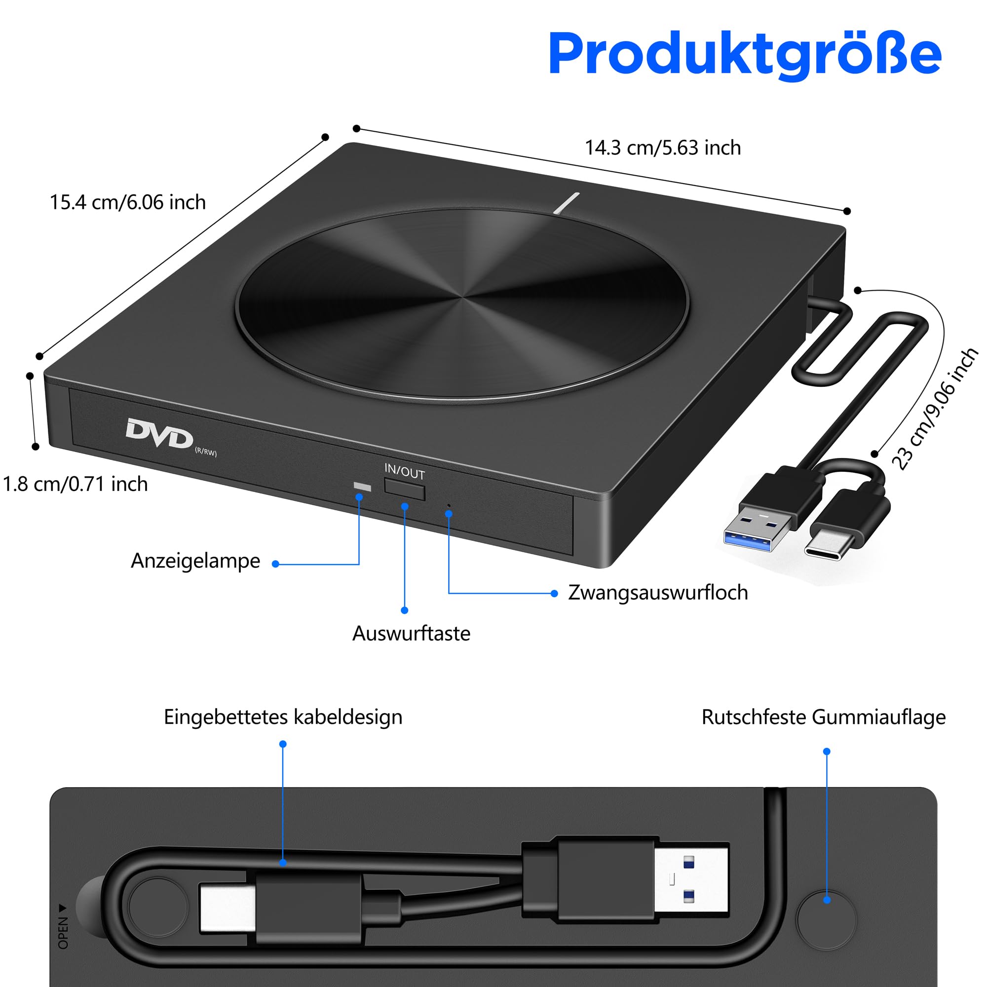 Lettore DVD CD esterno USB 3.0 & USB-C, unità ottica ultra sottile con 2 porte USB e lettore di schede SD/TF, Plug & Play External DVD Drive per laptop, PC, desktop, Windows, Mac, Linux