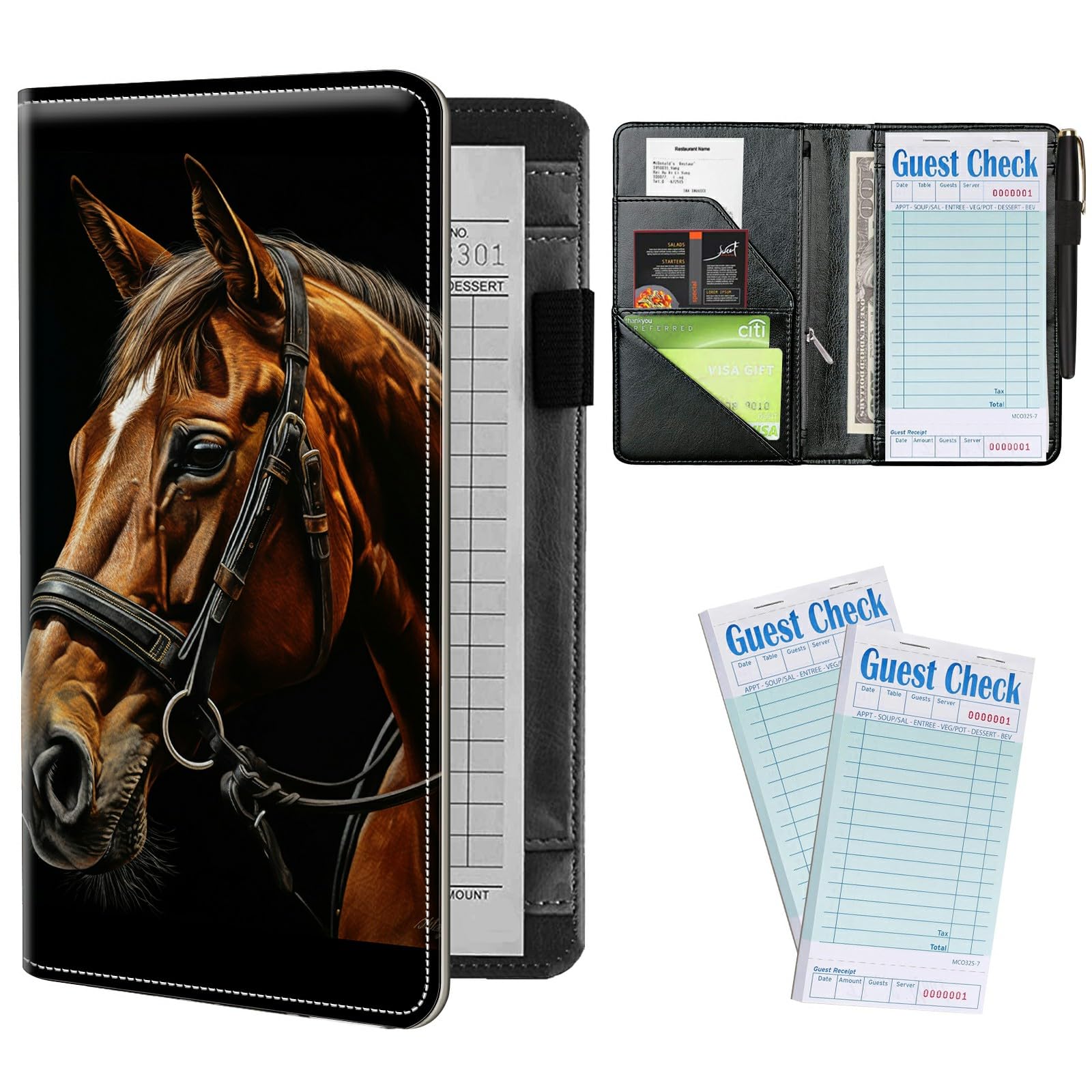 Server Books Plus 2 Pack Guest Checks Pads for Waitress Waiter, Horse Art Server Booklet Waitstaff Organizer with Zipper Pocket Guest Check Presenters Server Wallet Money Holder (5