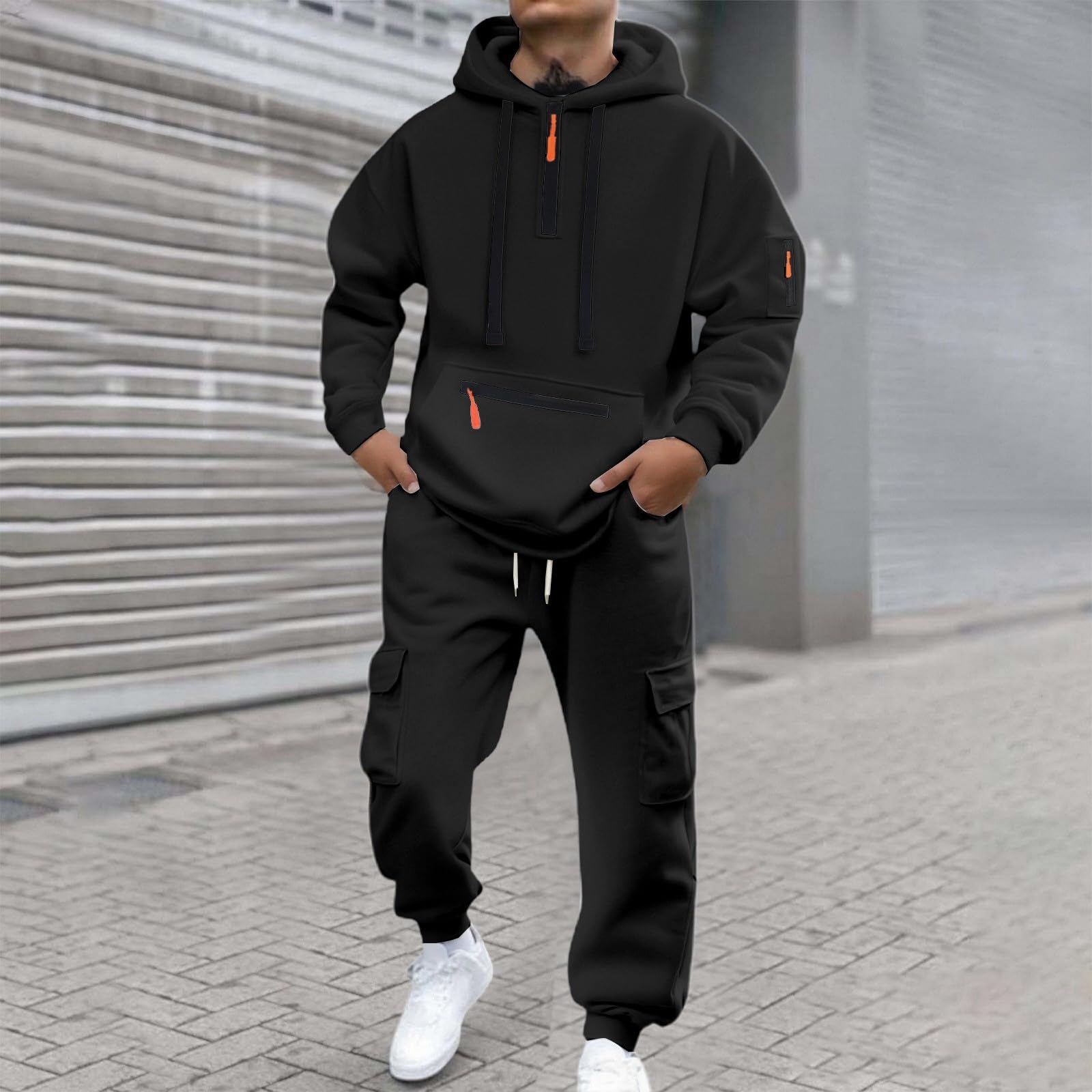 Générique Tuta da jogging da uomo, 2 pezzi, in cotone, con cappuccio, pantaloni morbidi, comodi elastici, per yoga, tempo libero, casa, A79