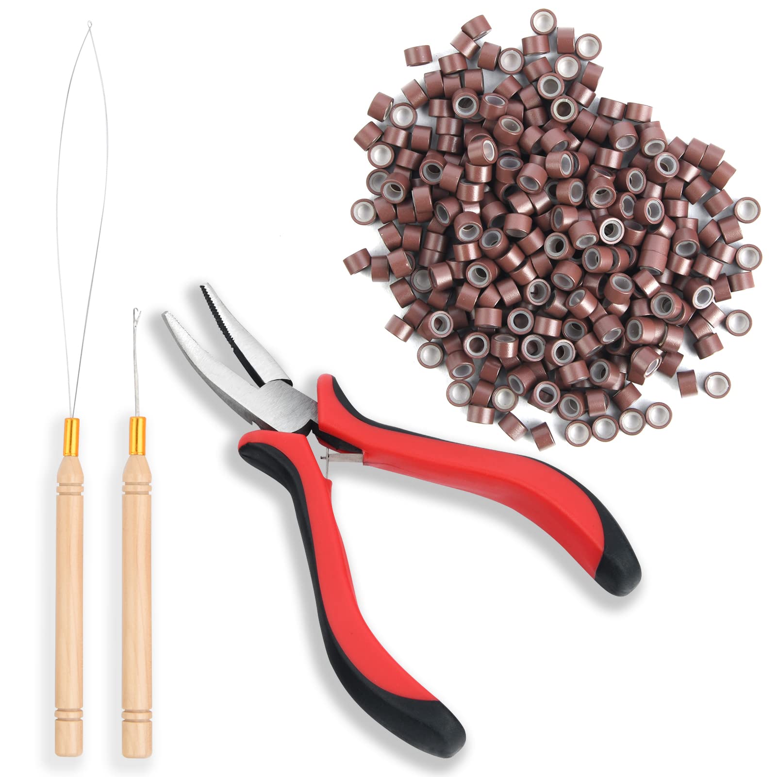 NEITSIMicrolinks Hair Extensions Kit,Beads Hair Extensions Threader Pulling Hook Pliers,Micro Link Tools 200PCS Silicone Rings,Microlink Tool Kit Hair Feathers Extensions Kit for Hair Style (Brown)
