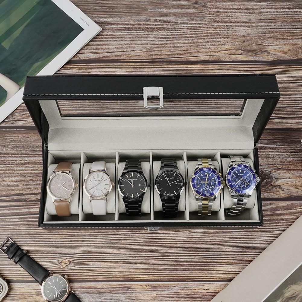 OFFCUP Caja de Relojes con 6 Compartimentos, Piel, Tapa de Cristal y Cojín Extraíble, Regalo para Hombres y Mujeres (Negra)