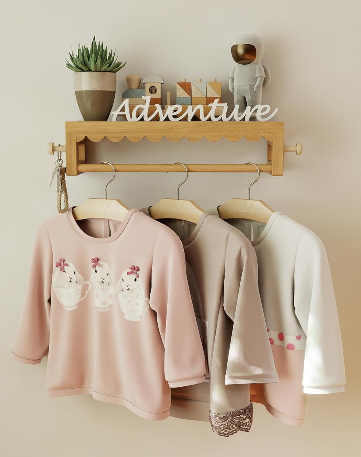 Kids' Wall Bookshelves – Set of 3 Scalloped Floating Shelves, 0.8" Thick Nursery Book Shelves with Wooden Hooks, Perfect for Boys & Girls – Decorative Wall Organizer for Toys, Photos & Decor, Brown