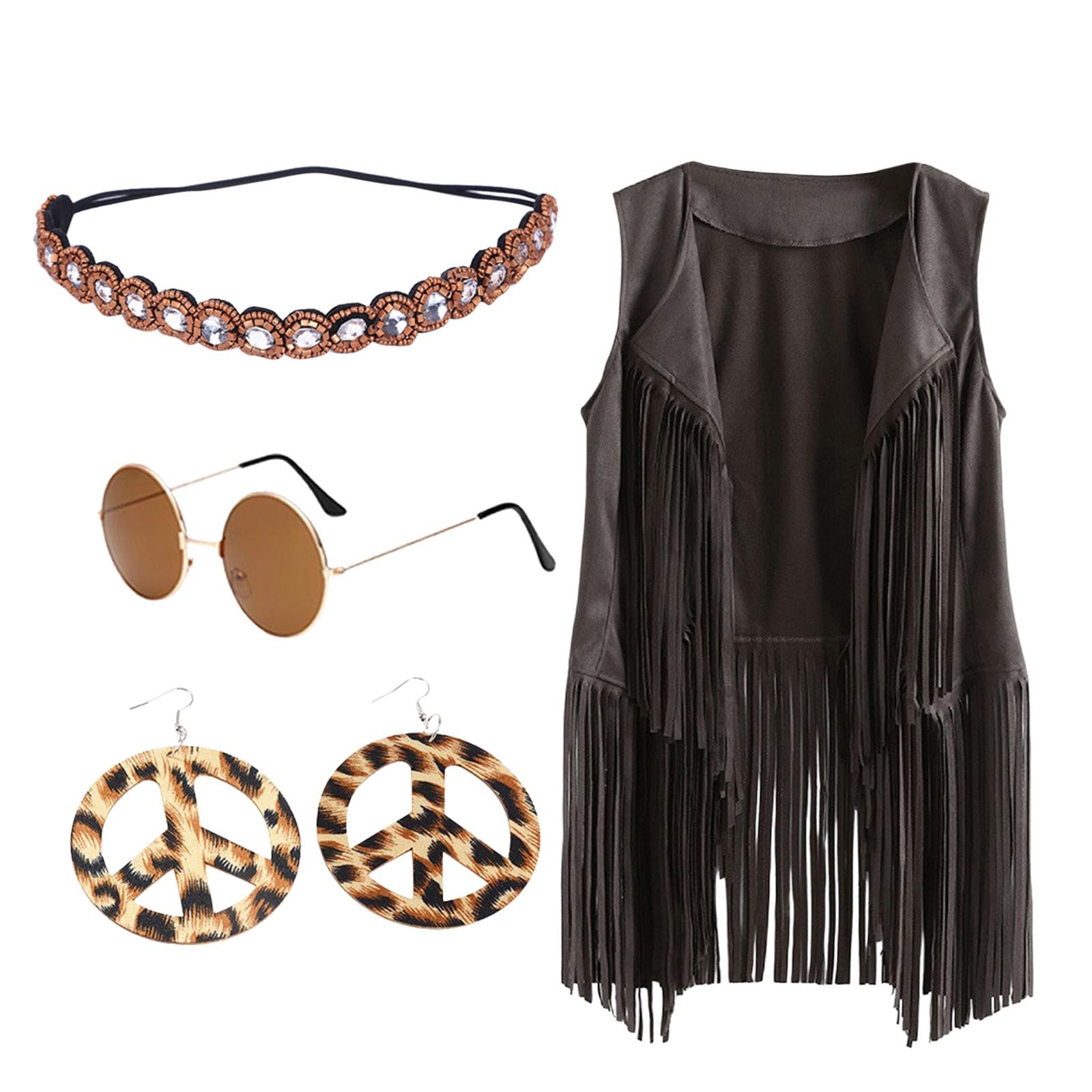 KBOPLEMQ Hippie Costume Women's Set Brown Fringe Vest Hippie Bolero Carnival Fancy Dress Costumes 4 Pieces Set Halloween Fringe Sleeveless Vest Hippie Clothing 60s 70s Clothing Disco Outfit