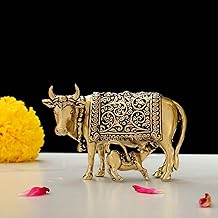 Handcrafted Brass Cow with Calf for Good Luck | 2" Kamdhenu Gau MATA Idol Spiritual Vastu Nandi Pooja Figurine Sculpture for Home and Office (Weight- 70gm)