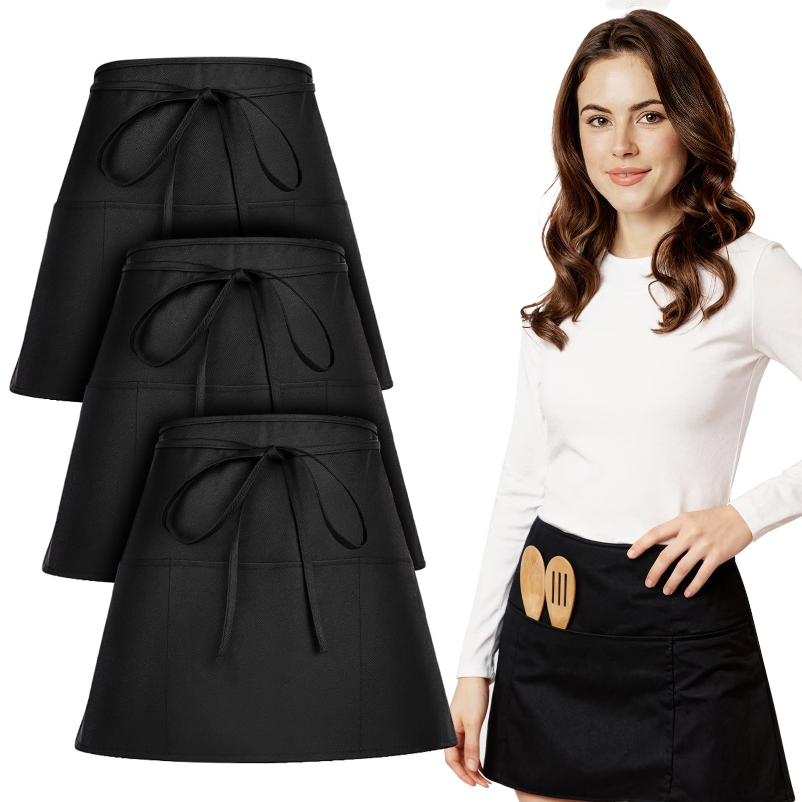 saerryor Black Apron Waitress Apron with 3 Pockets Short Half Server Aprons