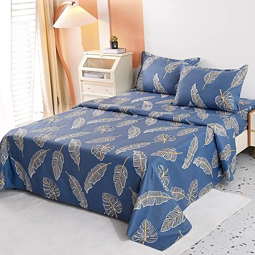 HOOBUY Juego de sábanas con estampado de microfibra suave ropa de cama de 4 piezas incluye sábana encimera con patrón floral sábana bajera con