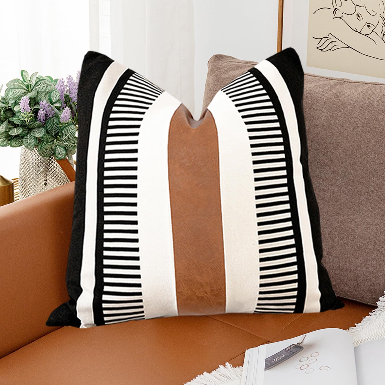 Vfuty Boho Decor Faux Leather and Cotton Throw Pillow Cover 24x24 Rustic Canvas Cushion Cover Black White Farmhouse Stripe Pillowcase for Sofa Couch