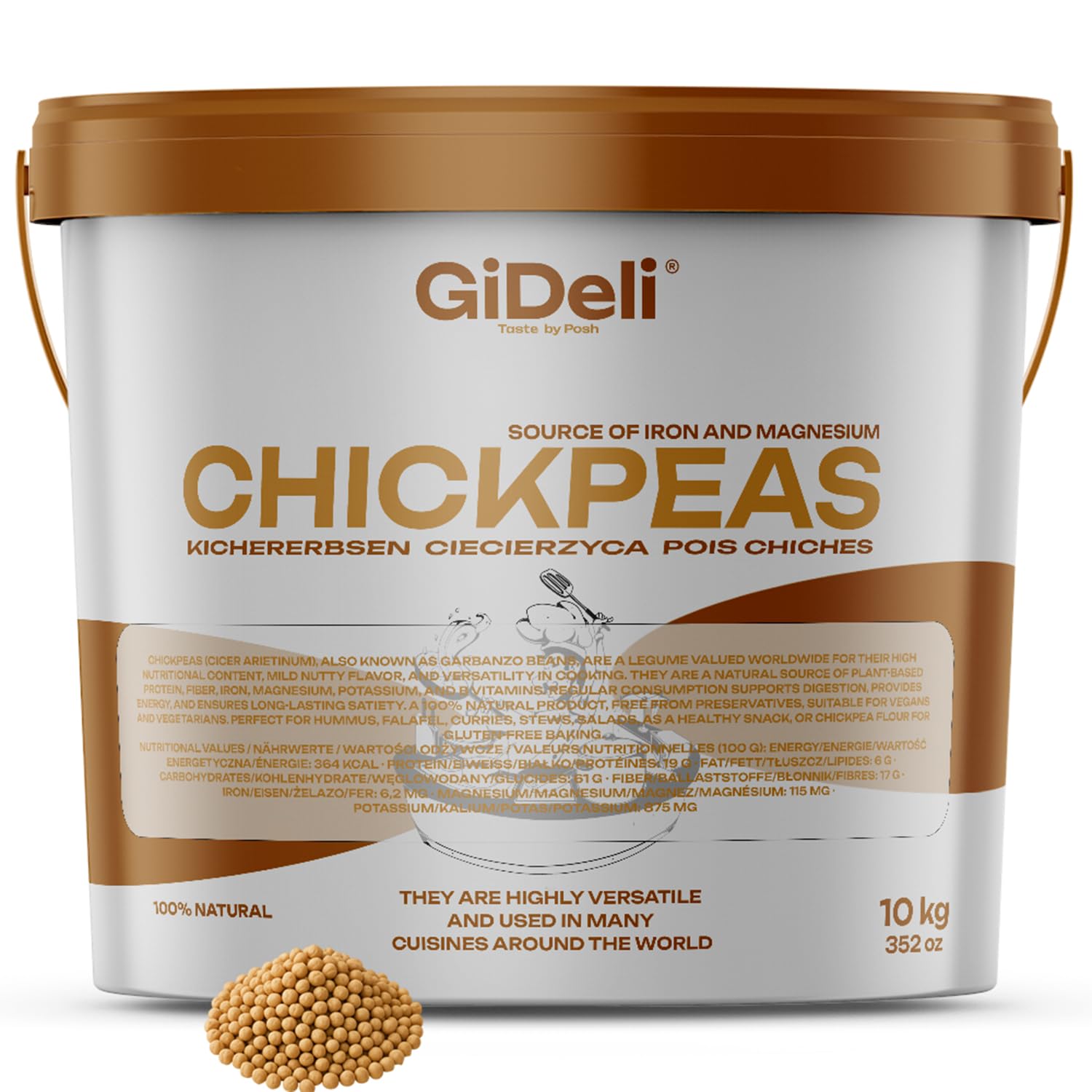 GiDeli Kichererbsen Getrocknet 10kg im Eimer - Ungeröstete, ohne Zusätze, Vegan, eiweißquelle - ideal für Hummus, Falafel, Currys