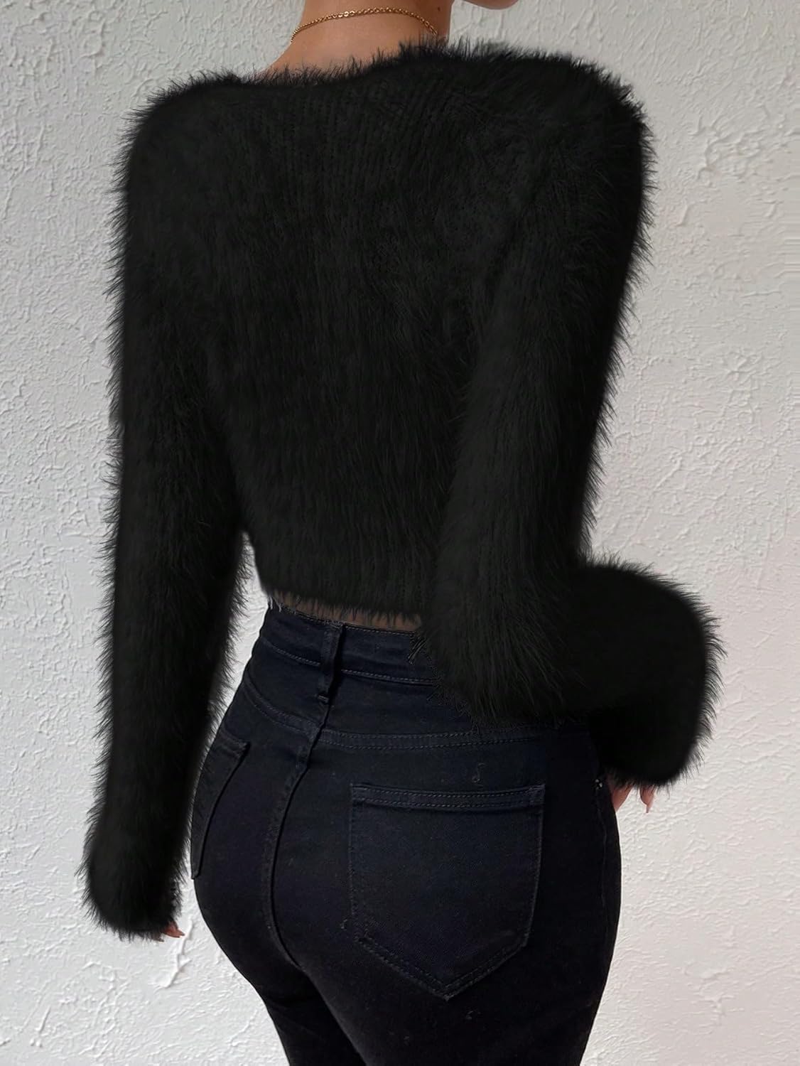 SweatyRocks Women's Fuzzy Fleece Long Sleeve V Neck Crop Sweater Casual Plain Slim Fit Warm Knitwear Sweater Tops - Image 2