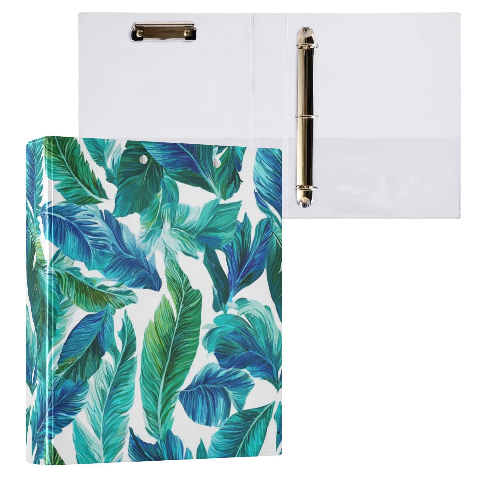 Kcldeci Raccoglitore a 3 anelli con copertina rigida per carta formato lettera, foglia di tè e verde smeraldo con foglie di banana, anelli rotondi da 3,8 cm, organizer per scuola/ufficio, confezione