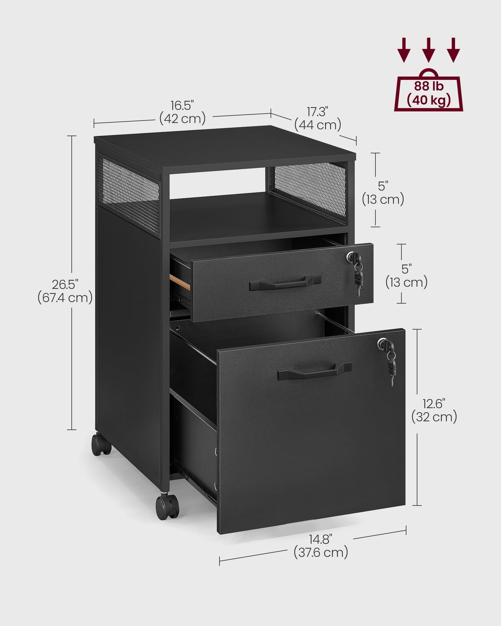 VASAGLE Archivador móvil con ruedas, para oficina en casa, 2 cajones con cerradura, para A4, carpetas colgantes tamaño carta, estante abierto, marco de acero, tinta negra UOFC077B16