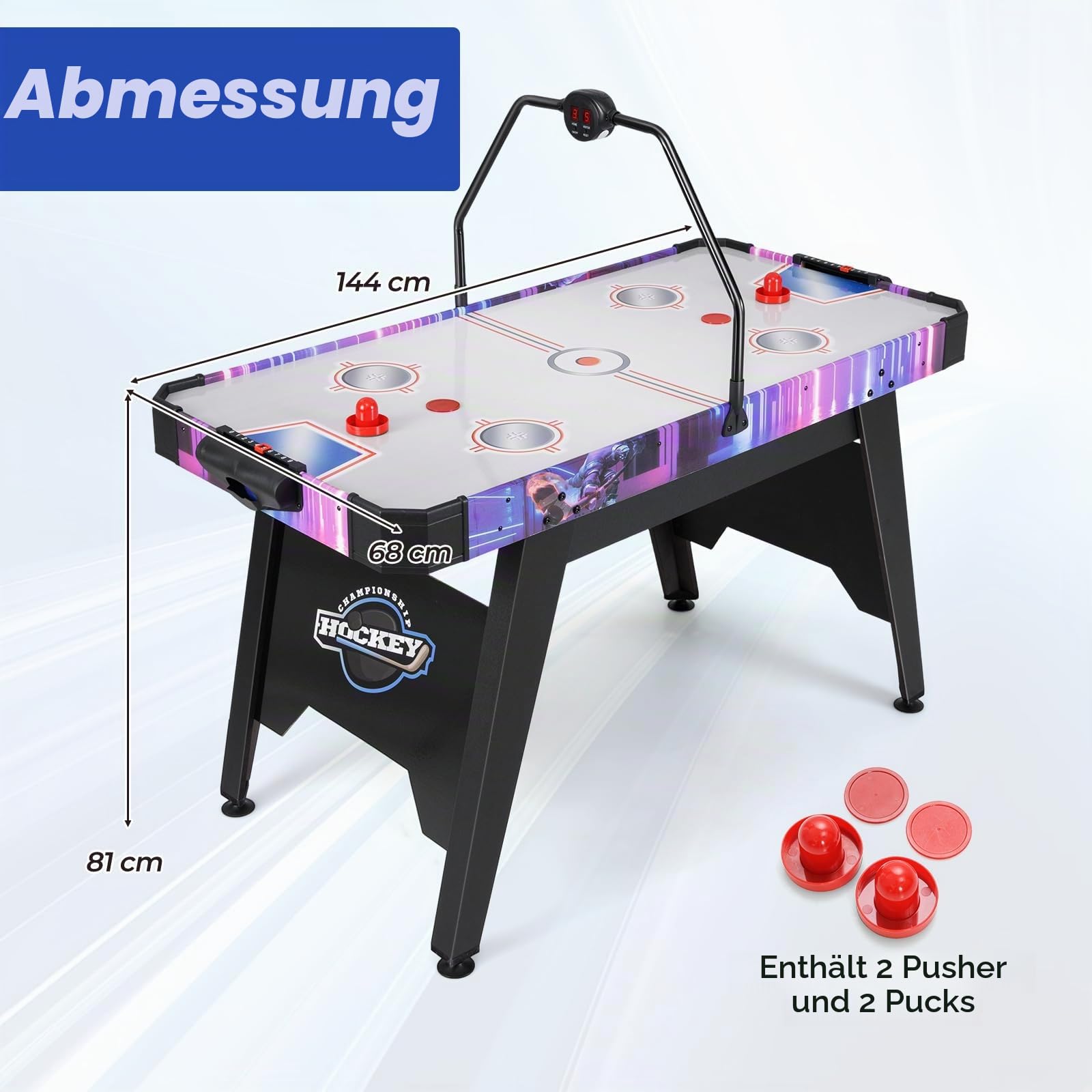 HOMASIS Airhockey Tisch, Air Hockey Spieltisch mit 12V-Motor & LED-Punktezähler, elektronischer Tischhockey inkl. 2 Pucks & 2 Schiebern, Airhockeytisch Lufthockey Speedhockey für Kinder & Erwachsene