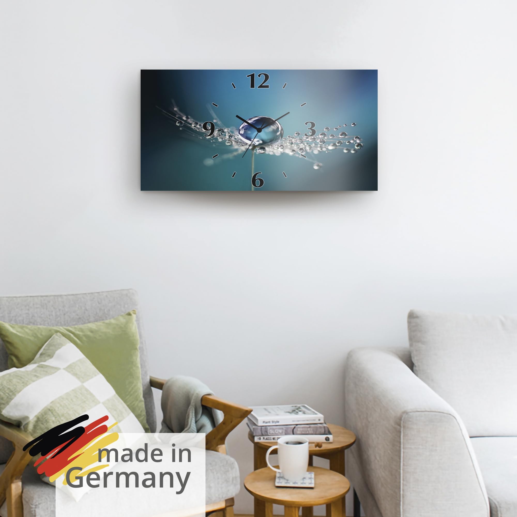 ARTLAND Wanddeko Wanduhr ohne Tickgeräusche Alu Funkuhr lautlos 60x30 cm Rechteckig Blumen Pusteblume Wassertropfen Modern U1TB