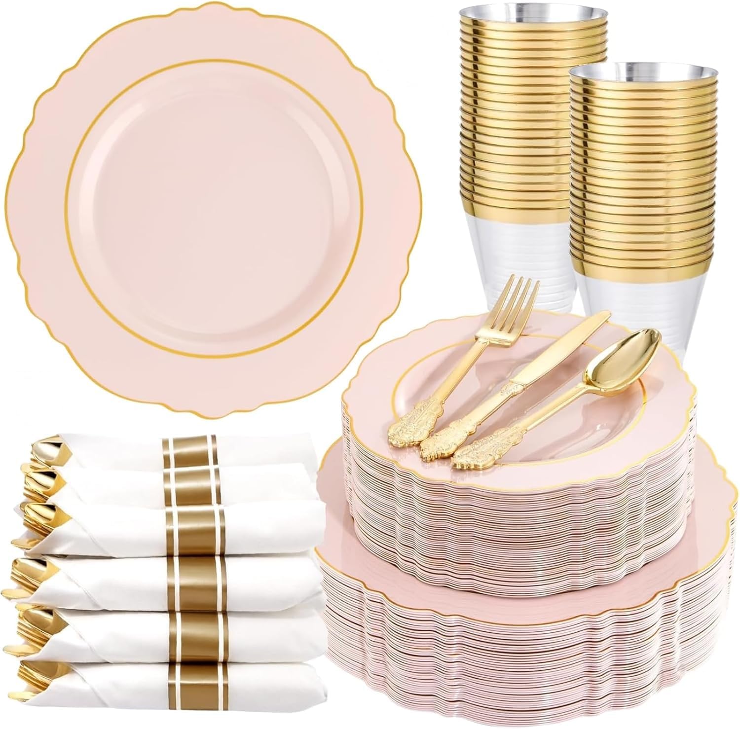 Liacere 350PCS Pink Plates Disposable-PinK Plates 50guest Baroque Plastic Dinnerware include 100Plates, 50Pack Pre Rolled Napkins with Silverware 50Cups Perfect for Wedding ＆ Party & Mothers Day