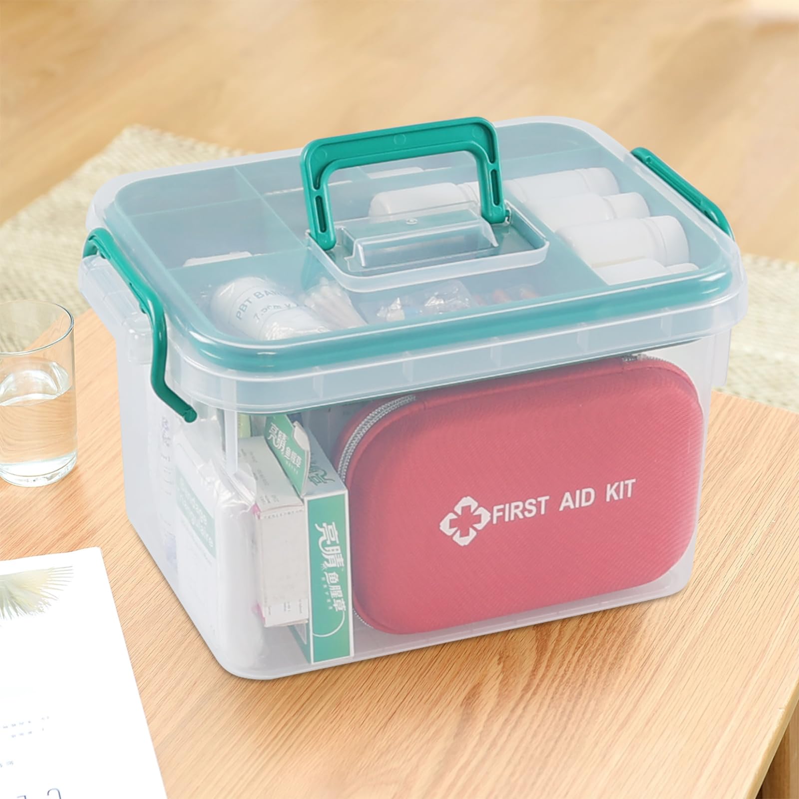 1 scatola di pronto soccorso in plastica trasparente per la famiglia, kit per medicine di emergenza