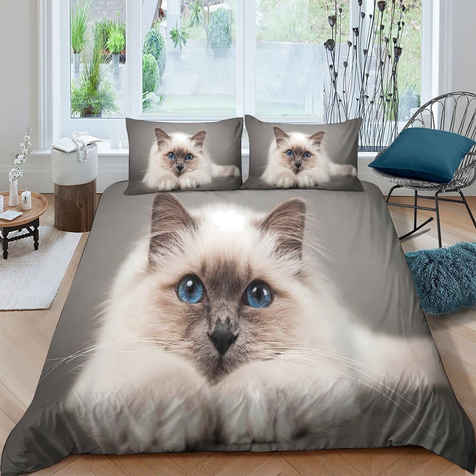 Ctjqhvkz Style-3 3D Printed Blue Eyed Cat Fitted Sheet Microfiber Soft Anti-Slip Animal Bed Cover For Bedroom Guest Room Decor Easy Care Single（135X200cm）
