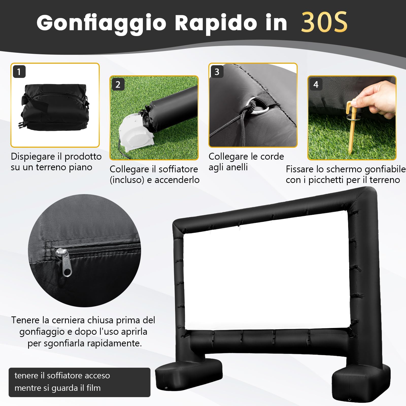 COSTWAY Schermo Proiettore Gonfiabile 16:9, Schermo Gonfiabile per Esterni con Soffiatore, Schermi di Proiezione con Borsa per Trasporto e Picchetti, 257 x 144 CM (Modello 1)