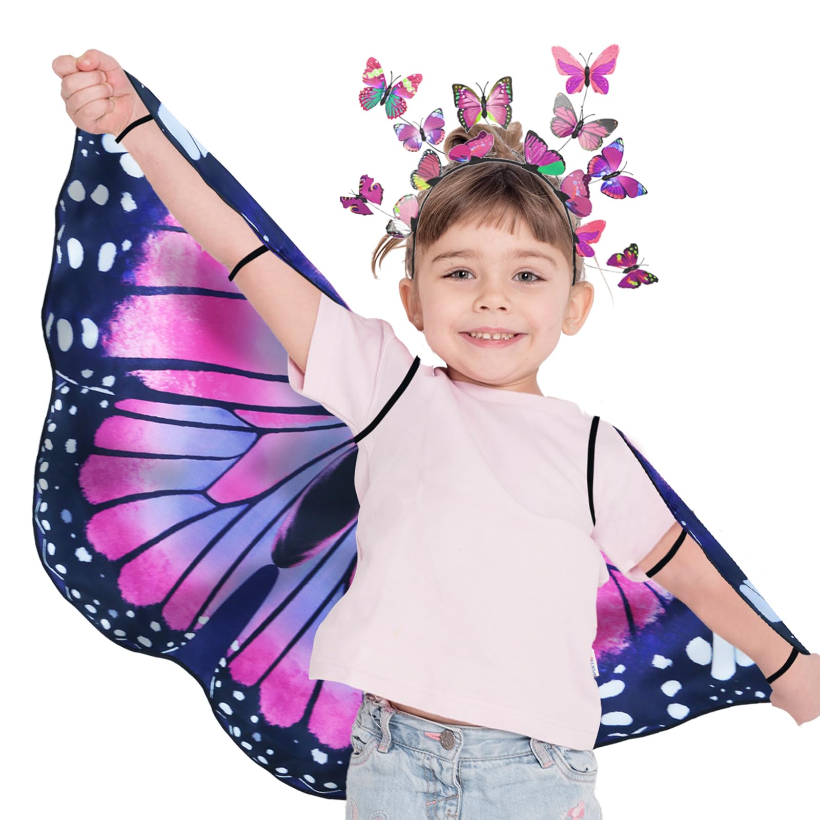 iROLWIN Double Sided Kids Butterfly Wings for Toddler Girls Fairy Dress Up Costume Butterfly Cape Headband Halloween Gifts