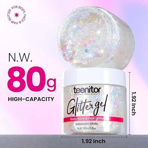 Teenitor Purpurina corporal, purpurina facial, purpurina blanca, 2.82 oz2.8 onzas, gel de purpurina para el cabello, purpurina para rave, purpurina
