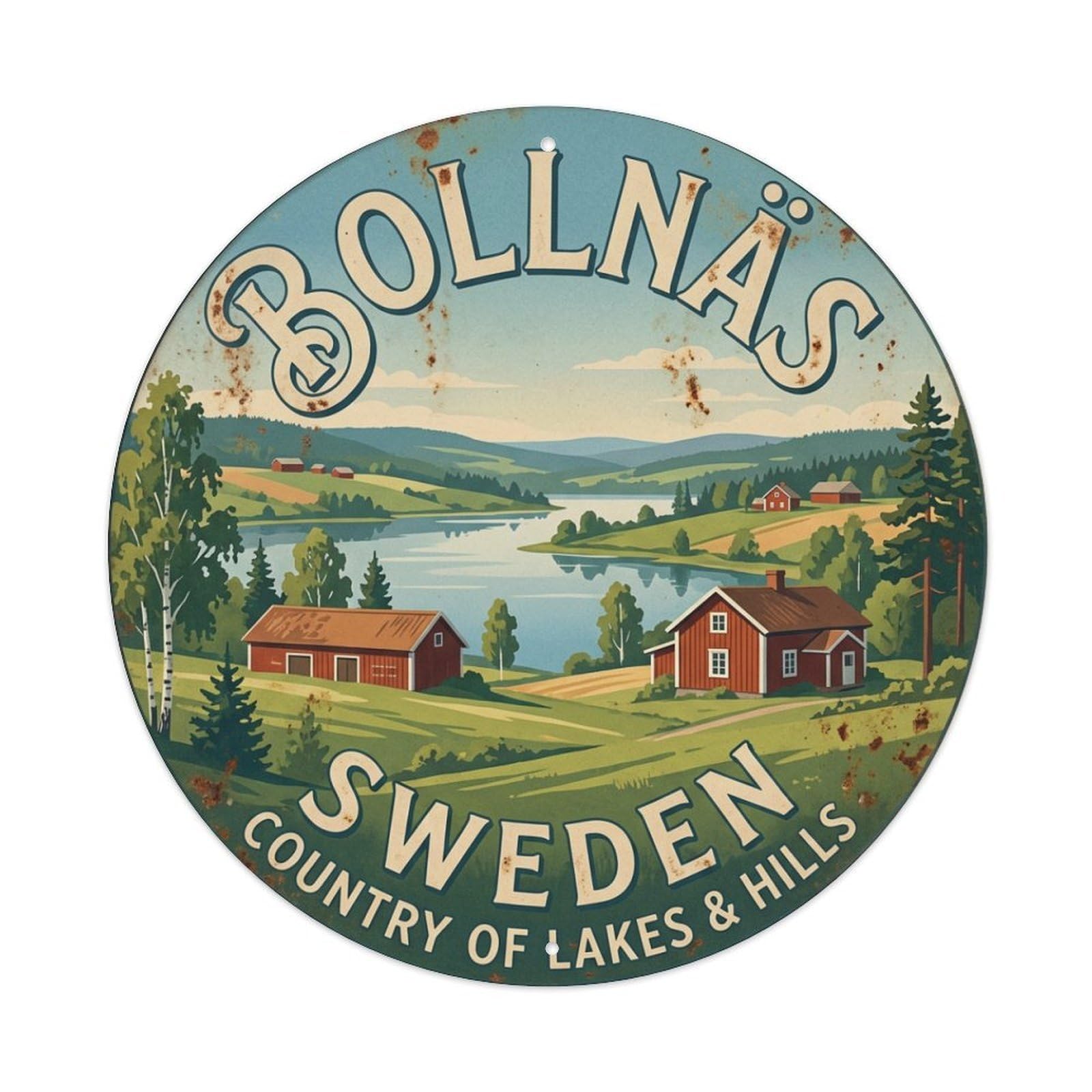 Vintage Travel Bollnas Sweden Countryside Metal Tin Sign