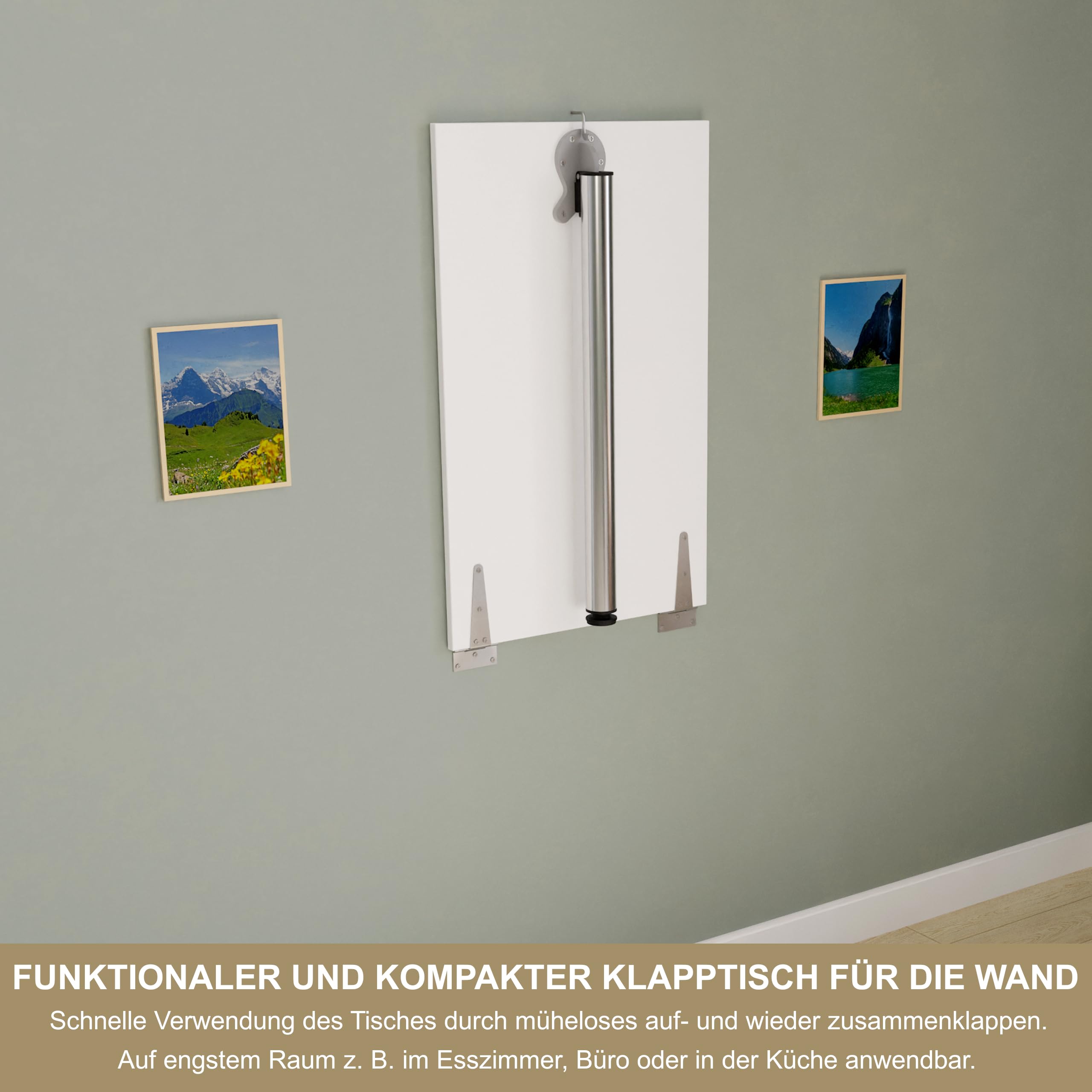 KDR Wandklapptisch 80x50 cm Weiß – Klapptisch mit Tischbein in Chrom zur Wandmontage – als Esstisch, Schreibtisch oder Küchentisch – Höhe 74 cm